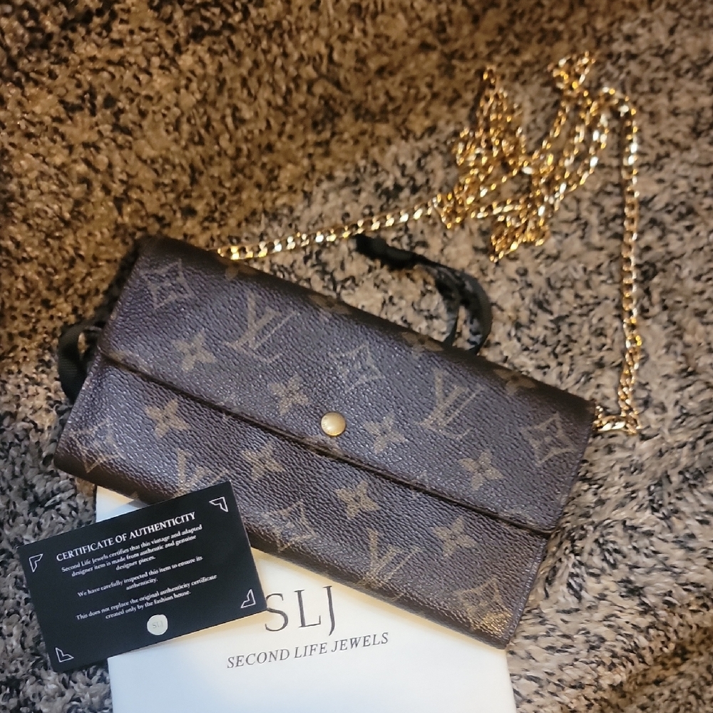 Louis Vuitton Brown Monogram Wallet Turned Clutch with Gold Chain
